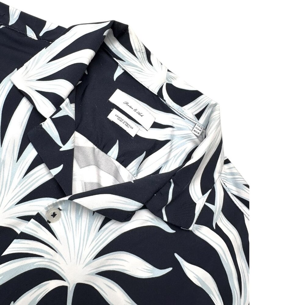Porter Ash Kinetic Stretch Dark Navy White Floral Print Camp Shir